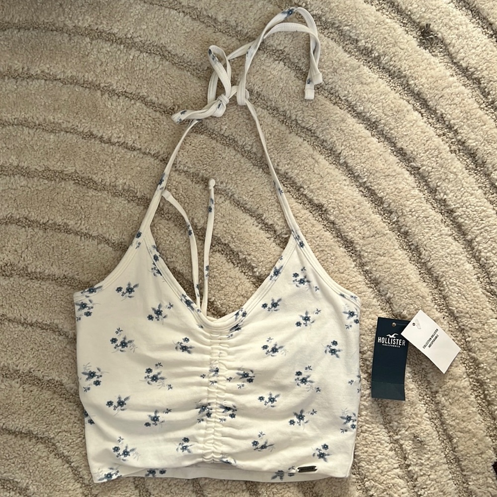 blue floral hollister crop top halter neck
